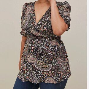 Torrid 3X Georgette Surplice Puff Sleeve Paisley Print Babydoll Blouse